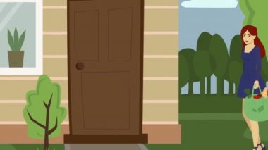 2d animasyon, esmer beyaz kadın market çantasıyla yalnız yaşlı bayanın evine geliyor. Genç kız yaşlı kadın emekliliğe bakıyor. Yardım, yardım, destek.