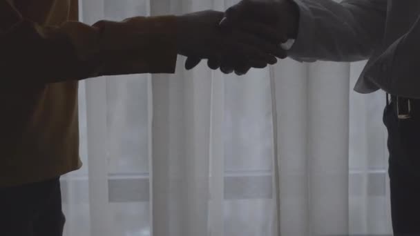 Nepoznatelný muž a žena si za soumraku potřásají rukama. Detailní záběry bělošských kolegyň a spolupracovnic, které mají obchodní dohodu. Potřesení rukou, životní styl, spolupráce, partnerství. — Stock video