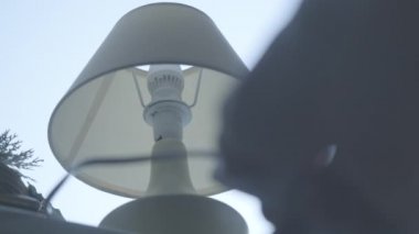 Mavi bahar gökyüzünün arka planında duran erkek el, masa lambasını açıp kapatıyor. Okuma lambasındaki ışığı kontrol ediyorum. Yaşam tarzı, ev ışıklandırma ekipmanları.