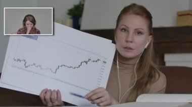 Dişi öksürük uzmanı olarak kendine güvenen beyaz kadın grafikleri gösteriyor. CEO, online sohbette uzaktan çalışan çalışanlara iş stratejisini açıklıyor. Kablosuz iletişim, planlama.