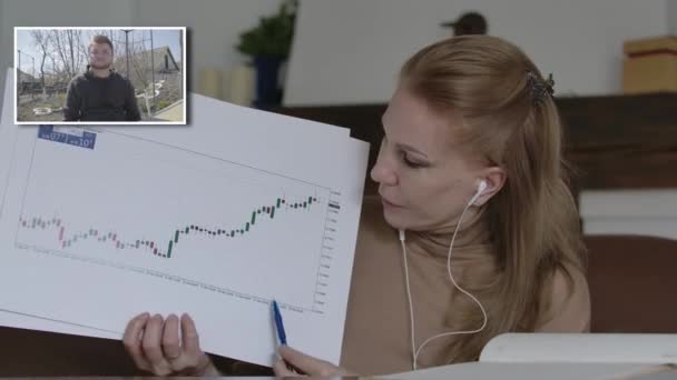 Kobieta CEO pokazuje wykresy zainteresowanemu młodzieńcowi w czacie online. Współpracownicy mają wideokonferencję na temat zamknięcia Covid-19. Komunikacja, biznes, kwarantanna, styl życia. — Wideo stockowe