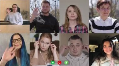 Görüntülü sohbette birbirini selamlayan sekiz meslektaşın birden ekran görüntüsü. Beyaz erkek ve kadınlar el sallıyor ve merhaba diyor. Covid-19 tecridinde çalışan iş adamları. Yaşam tarzı, uzak çalışma.