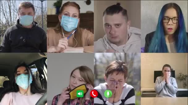 Multiscreen von kranken kaukasischen Mitarbeitern, die husten und sich im Online-Chat unterhalten. Junge Männer und Frauen mit Gesichtsmasken nutzen Videokonferenzen für Fernarbeit. Covid-19, Coronavirus, Quarantäne, Isolation. — Stockvideo