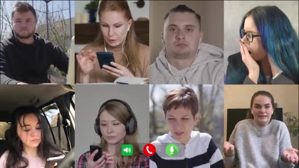 Positiv ung kvinna som pratar känslomässigt med kollegor i online chat. Videokonferens med åtta kaukasiska personer som chattar på Covid-19-nedstängning. Företag, distansarbete, kommunikation, isolering. — Stockvideo