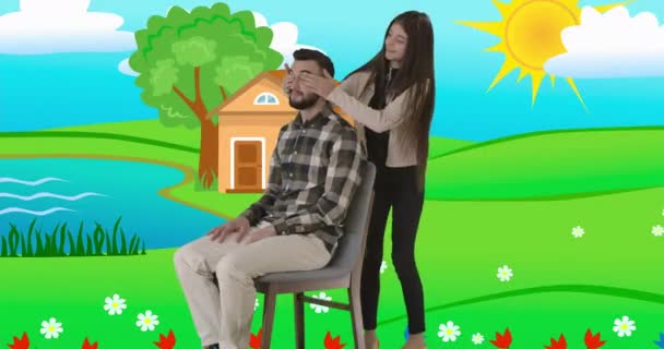 Teenage Caucasian brunette girl coming to handsome man sitting on chair and closing his eyes. 2d animated question mark appearing on cartoon background, then red hearts when father looking at daughter — Stock Video