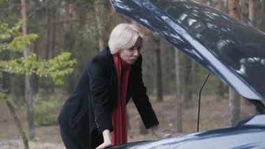 Utanmış beyaz kadın portresi açık araba kaputunda motoru inceliyor. Arabaların iç kısımlarına bakan sarışın bir kadın sürücü. Trafik kazası, sorun, yaşam tarzı.