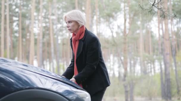 Portret van een mooie blonde vrouw die een kapotte auto openmaakt. Jonge blanke dame heeft problemen met het voertuig op de voorstedelijke weg. Lifestyle, auto-industrie, vrouwelijke chauffeur. — Stockvideo