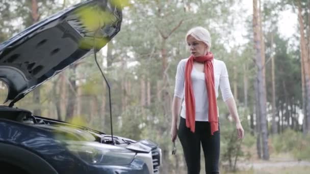 Självsäker blond kvinna kommer för att öppna bilhuven och tittar på motorn. Sidovy porträtt av elegant blond vit dam fastställande trasiga fordon utomhus. Trafikolycka, problem, förtroende, livsstil. — Stockvideo