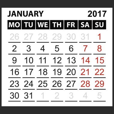 takvim sayfası Ocak 2017