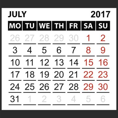 takvim sayfası Temmuz 2017