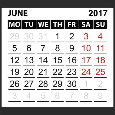 takvim sayfası Haziran 2017