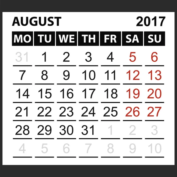 Folha de calendário agosto 2017 — Vetor de Stock