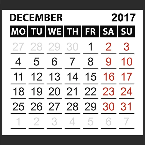 カレンダー シート 2017 年 12 月 — ストックベクタ