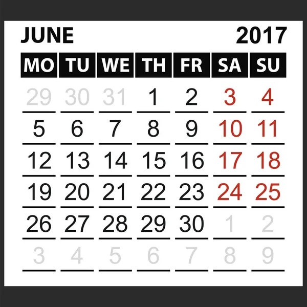 Kalendarz arkusz czerwca 2017 r. — Wektor stockowy