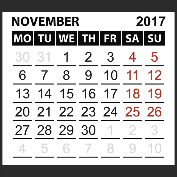 Hoja de calendario noviembre 2017 — Vector de stock