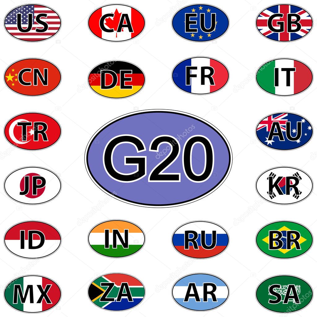 Set oval stickers flags of the G20, countries of the big twenty G20 Summit 2017 Hamburg