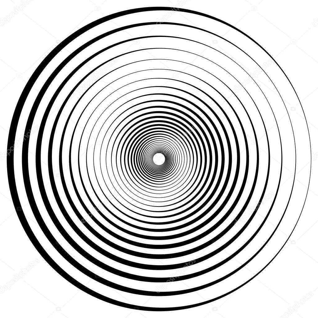 Abstract geometric spiral, ripples with circular, concentric lines. Vector whirlpool swirl effect depth