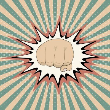 Vektör pop sanat karikatür yumruk çizgi roman kaza patlama grafik, Vintage Pop Art yumruk sıkılı yumruk isabet