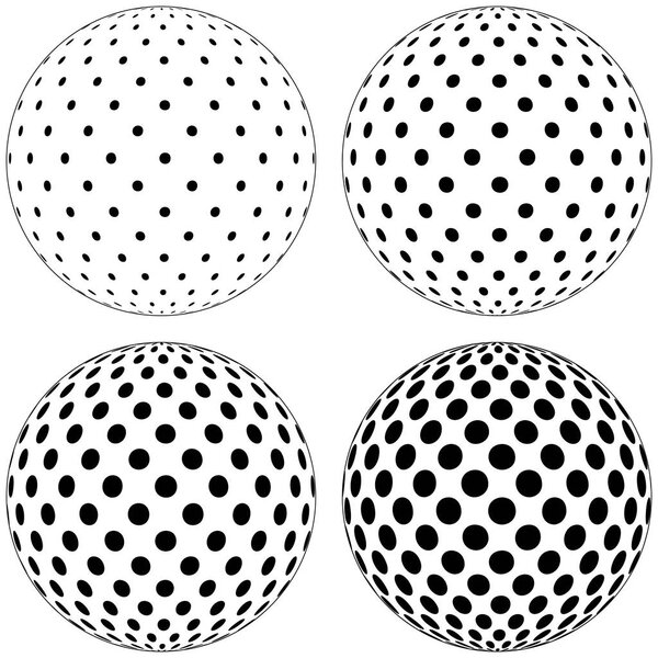 Набор 3D шара, точки круги рисунок на поверхности сферы, векторная горошек рисунок на поверхности шара
