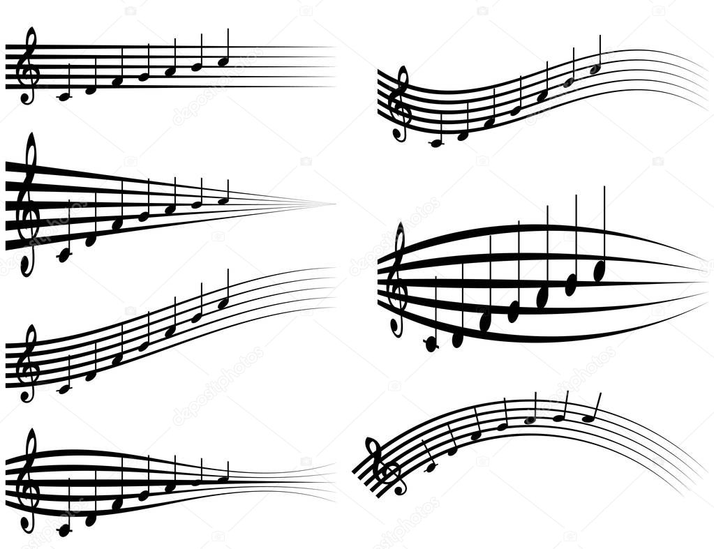 Set musical staff, various musical notes on stave, vector illustration distortion of the notes with the treble clef, to sound design studios or logo