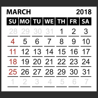 takvim sayfası Mart 2018