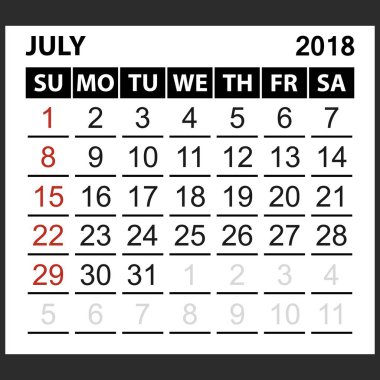 takvim sayfası Temmuz 2018