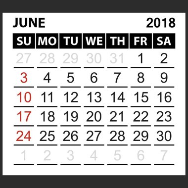 takvim sayfası Haziran 2018