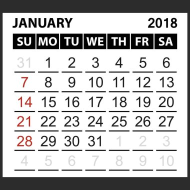 takvim sayfası Ocak 2018