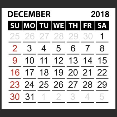 takvim sayfası Aralık 2018