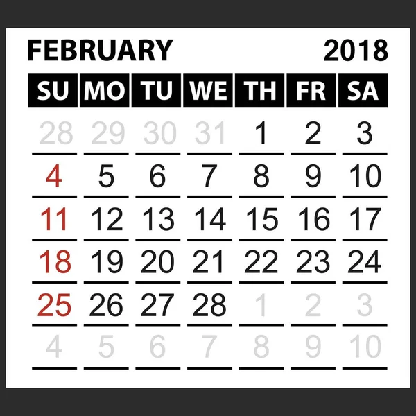 Karta kalendarz lutego 2018 — Wektor stockowy