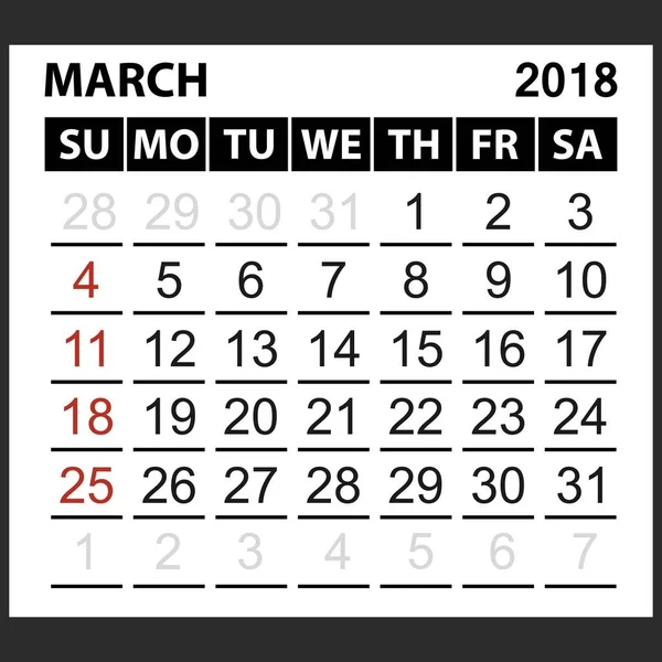 Календарний лист березень 2018 року — стоковий вектор