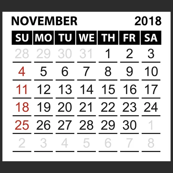 カレンダー シート 2018 年 11 月 — ストックベクタ