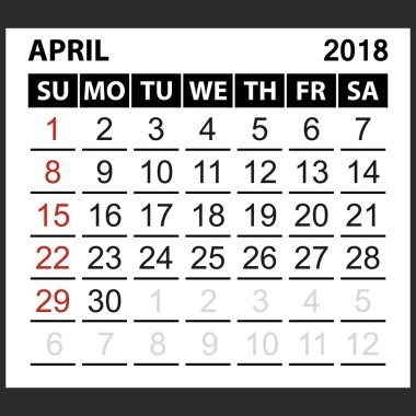 takvim sayfası Nisan 2018