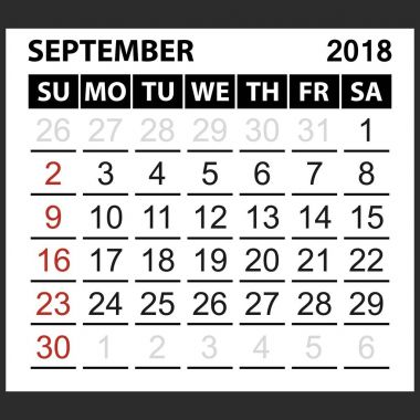 takvim sayfası Eylül 2018