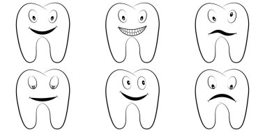 Çizgi film dişlerin ayarla, yüzünde, duygularla büyük azı dişleri diş vektör komik pop sanat tarzı, gülümseme, öfke ve eğlenceli, lnfographics grafik, diş ofis