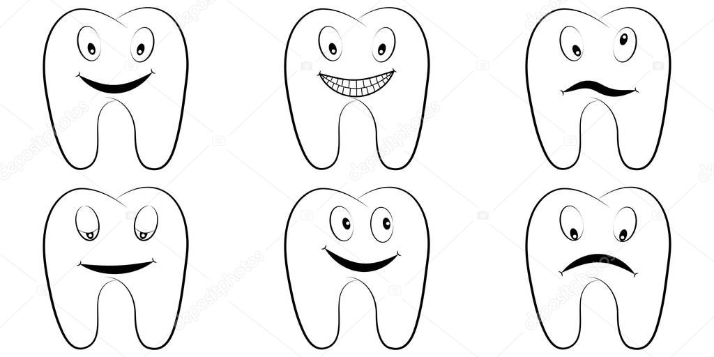 Set of cartoon teeth, the molars with the emotions on the face, tooth vector comic pop art style, smile, anger and fun, lnfographics chart, dental office