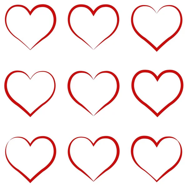 Červený obrys srdce, set, symbol přátelství a intimitu Valentýn lásku vektorové kaligrafie ruky kreslit srdce, pojetí lásky — Stockový vektor