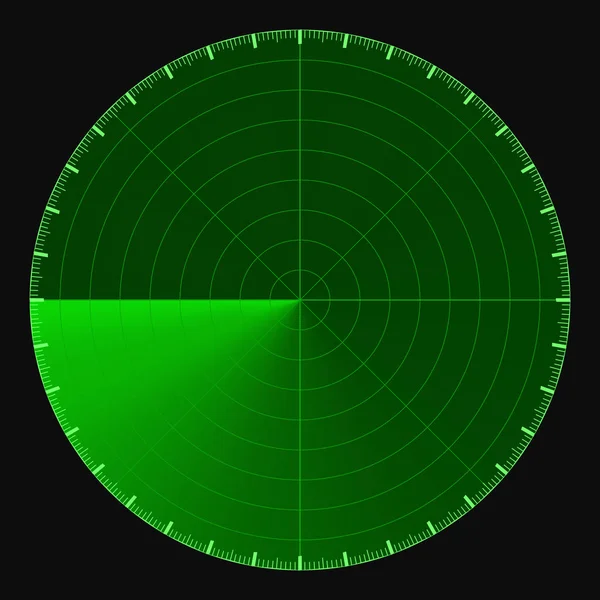 Ekran radaru zielony, okrągłe 360 stopni w skali, skanowanie radarowe sonar aktywny szablon wektor — Wektor stockowy