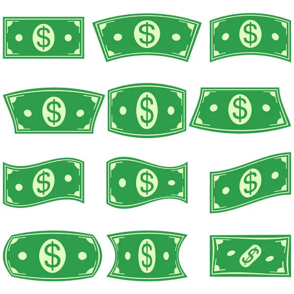 Készlet a dollár számlát pénzt bankjegyek, a különböző deformáció, vektoros ikonok szimbólum, bill dollárjel ívelt bankjegyek — Stock Vector