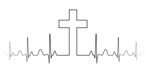 Marca de cruz símbolo fe cristiana, una sola línea vectorial, la cruz y el pulso latidos del corazón, la emoción de la religión — Vector de stock