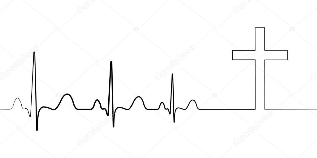 Death icon symbol cardiac arrest, vector cardiogram with cross, concept of death path to faith condolences, departure to another world