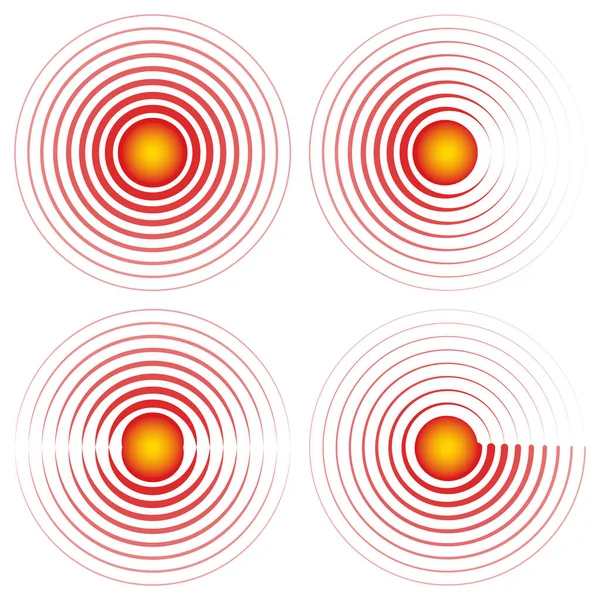 Teken symbool epicentrum pijn lokalisatie vector rode cirkels met geel centrum pictogram zere keel gewrichten, zere plek of gekneusd lichaamsdeel merk — Stockvector