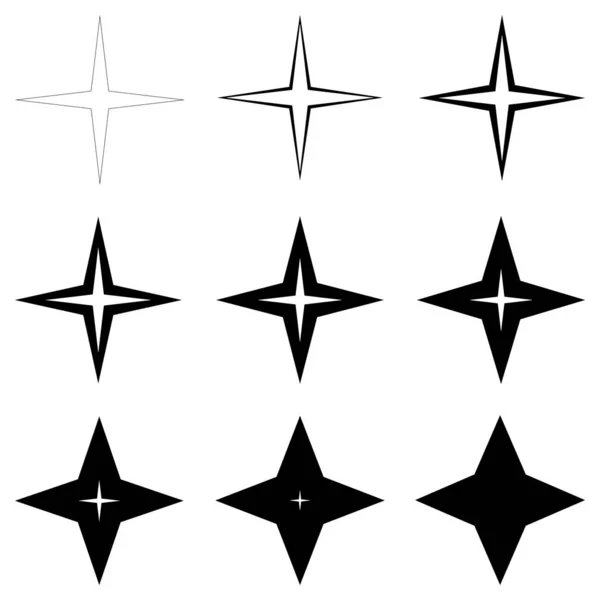 Estrellas establecidas con diferentes espesores de formas de contorno, estrellas delgadas y gruesas vectoriales, destello de brillo — Archivo Imágenes Vectoriales