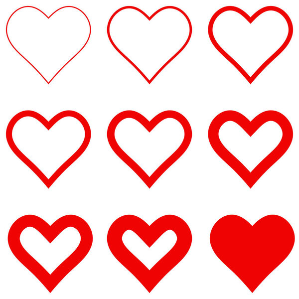set red hearts with different stroke thickness, vector icon logo thin and thick hearts sign love symbol for Valentines day