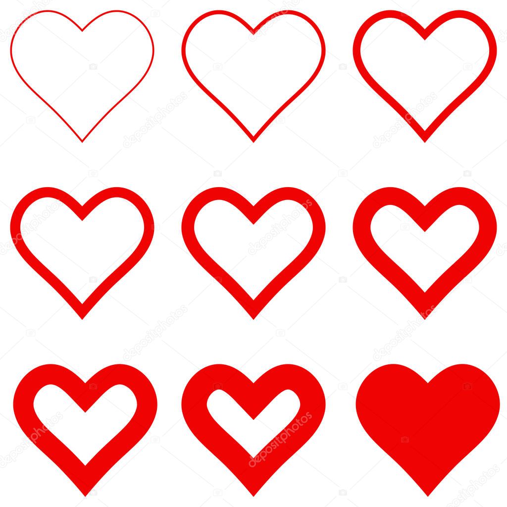 set red hearts with different stroke thickness, vector icon logo thin and thick hearts sign love symbol for Valentines day