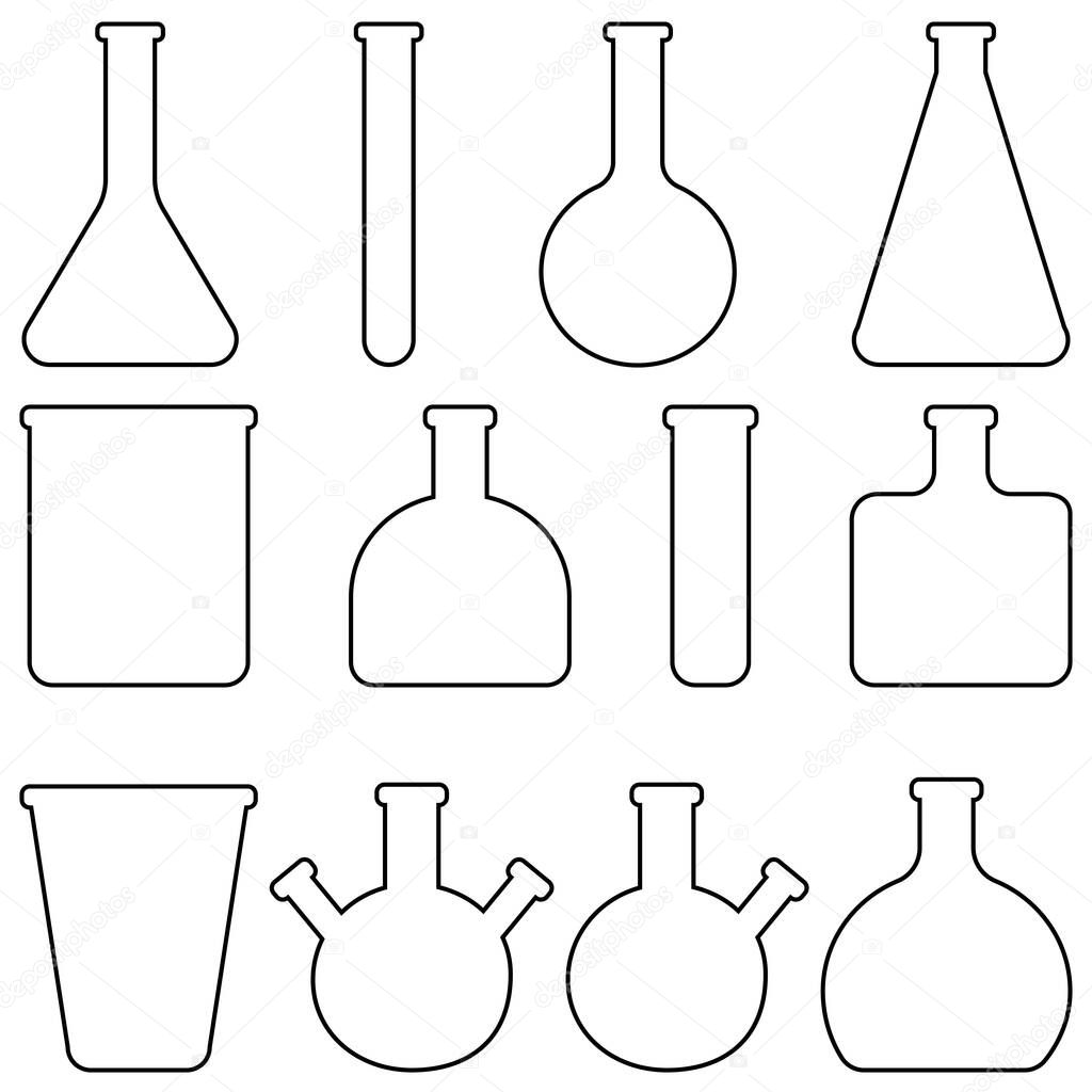 Set icons glass laboratory tableware, vector flasks and test tubes medical tableware for laboratory research