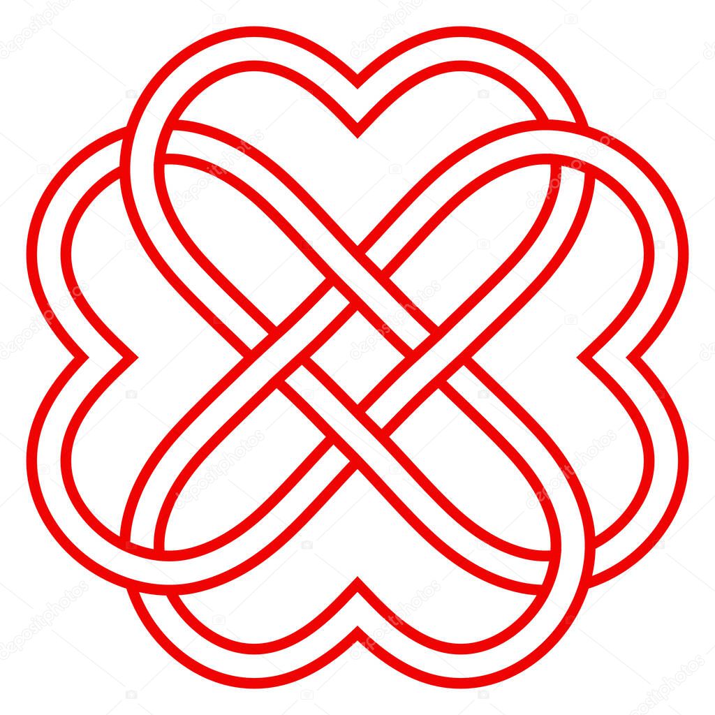 Pattern of intertwined hearts, vector knot weaving of hearts symbol eternal love and friendship