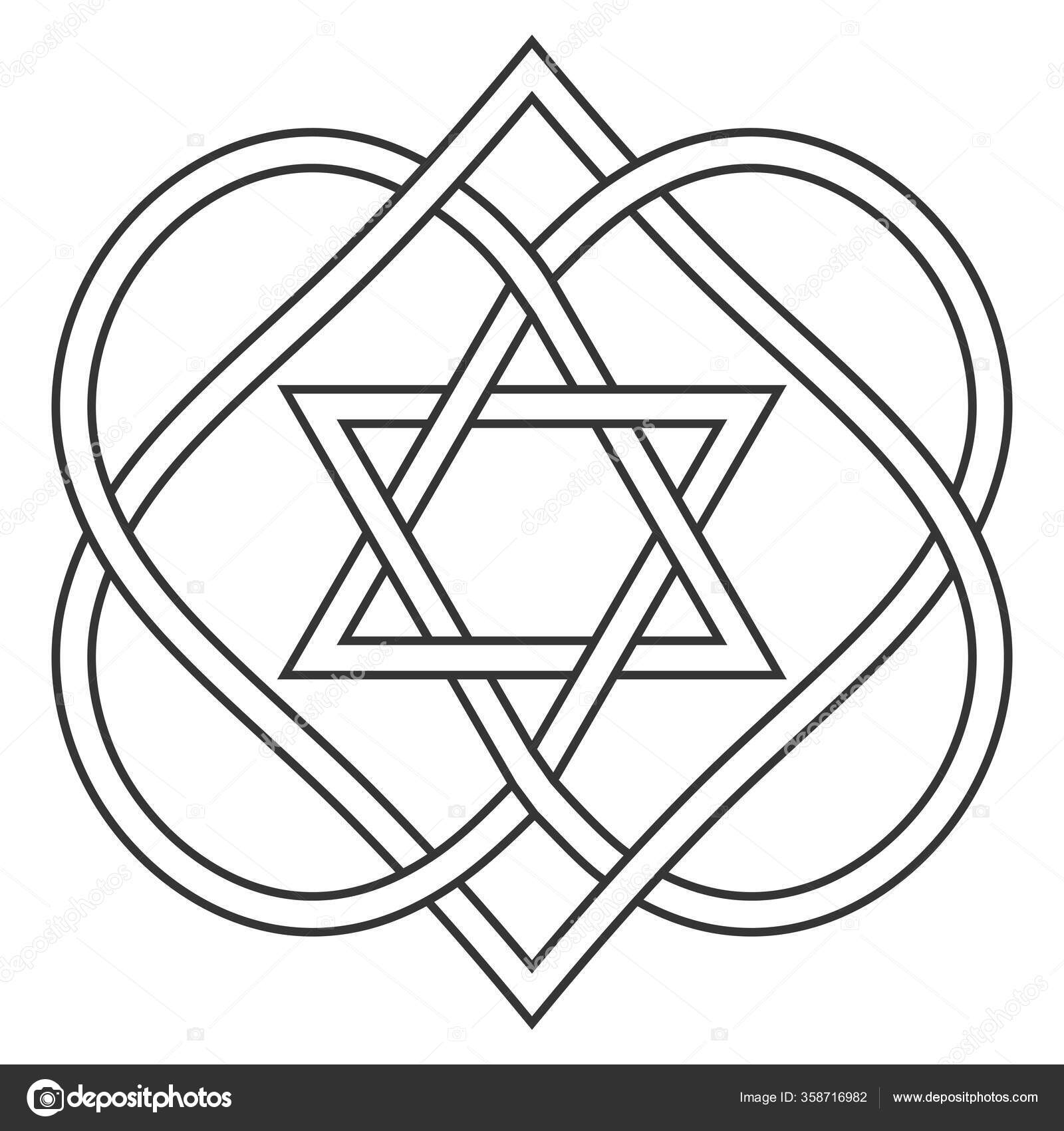 Image vectorielle Noeud celtique entrelacant les coeurs et les étoiles de  David, forme de coeur juif vecteur avec étoile de l'art David deux coeurs  sont tissés en noeud d'amour sculpté, symbole mariage, image size:1600x1700