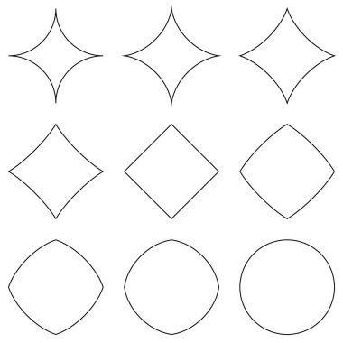 Geometrik şekilleri ayarla, yıldızdan daireye ve kareye geçiş, tasarım için vektör geometrik şekiller, farklı kıvrımlar ve çukurluklar