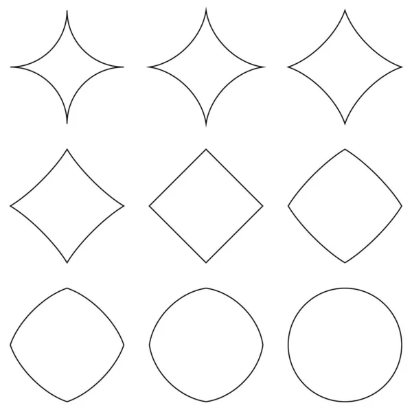 Festgelegte geometrische Formen, Übergang von Stern zu Kreis und Quadrat, vektorgeometrische Formen für das Design, verschiedene Konvexitäten und Konkavitäten — Stockvektor